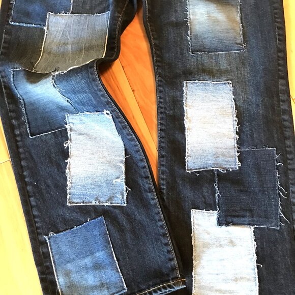 Men’s Patchwork Jeans, 36x32: Upcycled Distressed Denim on Denim, Casual Pants - Picture 8 of 11